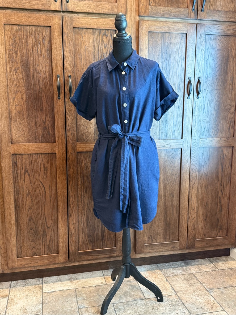 JCrew Capitaine Navy Button-Front Shirt Dress with Tie Belt